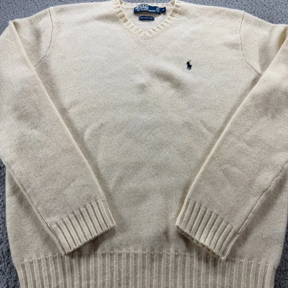 Polo Ralph Lauren Mens Cream 100% Lambswool V-Neck Pony Logo Sweater Large